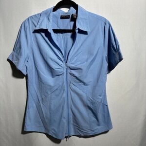 New York Company Blouse 14 Blue White Striped Zip Front Short Sleeve Top SEE‎